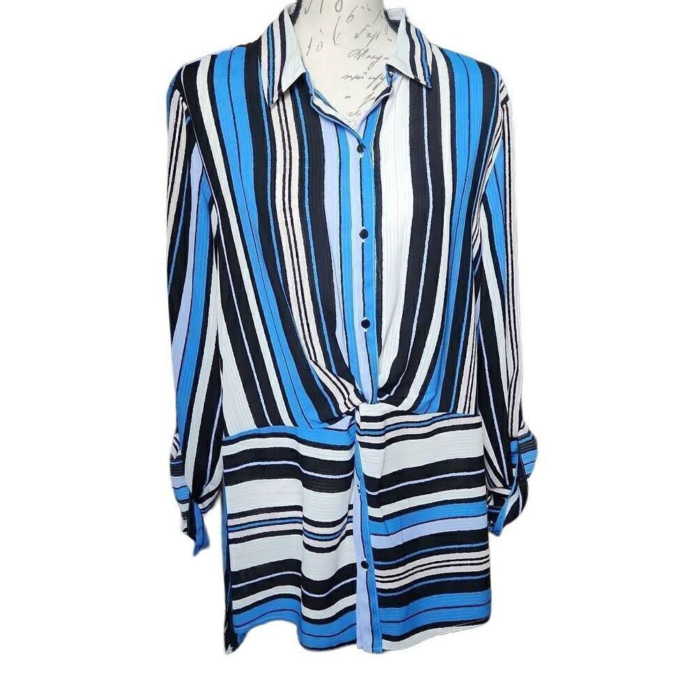 Jones New York Ladies Size XL Blue Black Striped Long Sleeve Blouse